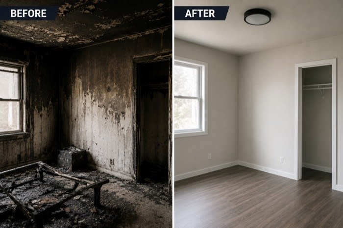 Illustrative before-and-after example of a fire-damaged bedroom with charred walls and ceiling, compared to a fully reconstructed room — not an Agee Restoration Services project photo